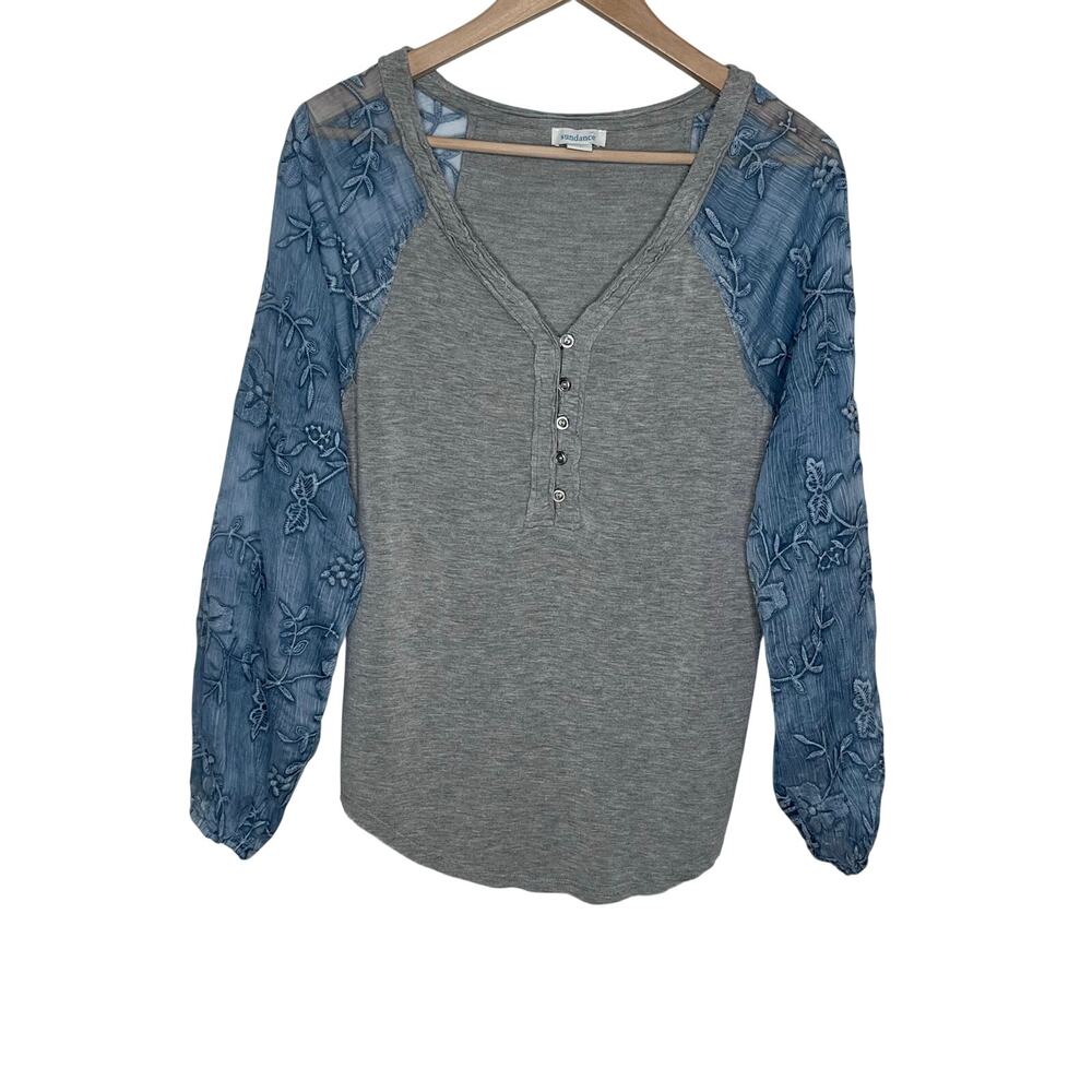 Sundance Embroidered Floral Mesh Sleeve Henley Top Gray Blue XS Boho Romantic - Picture 2 of 8